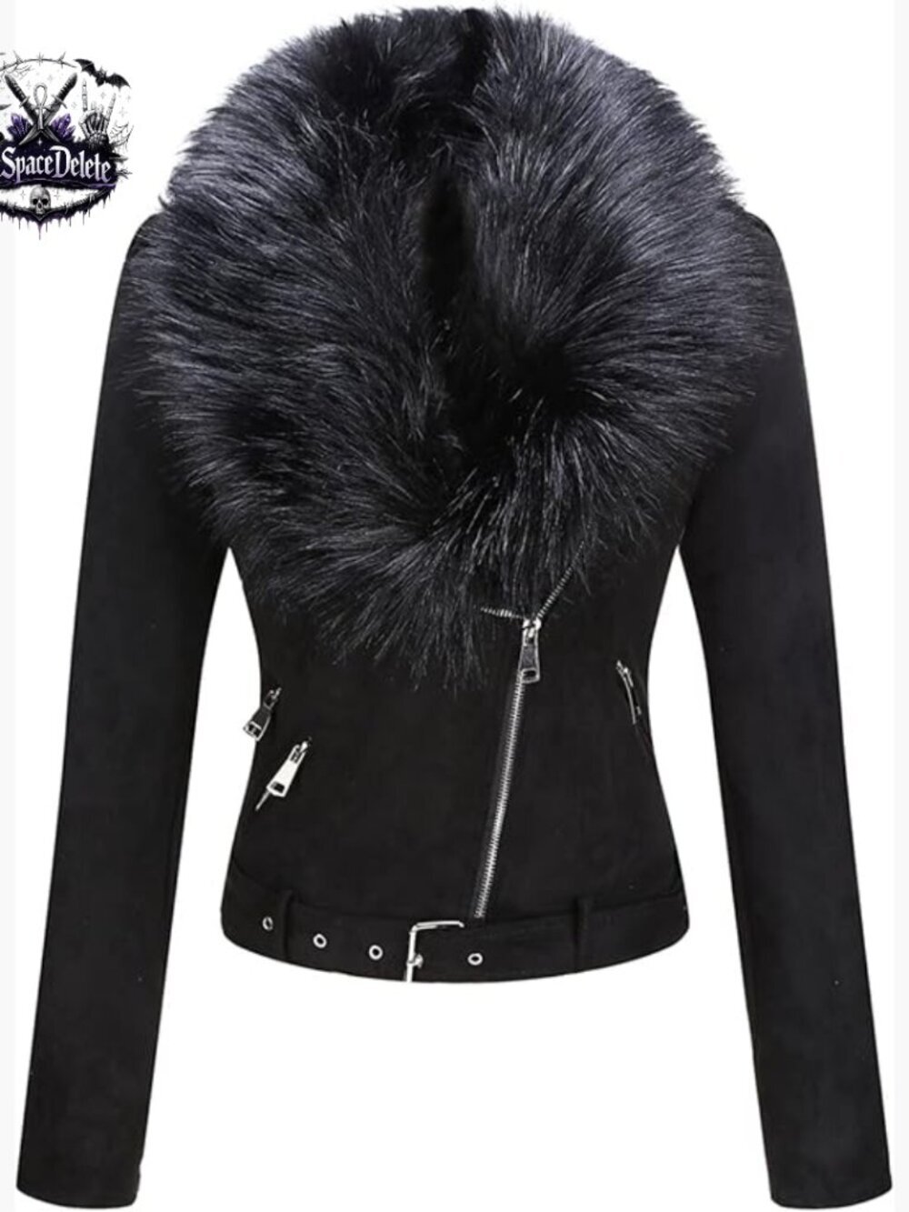Faux Leather Moto Jacket Sherpa Lined Removable Belt Slim Fit
